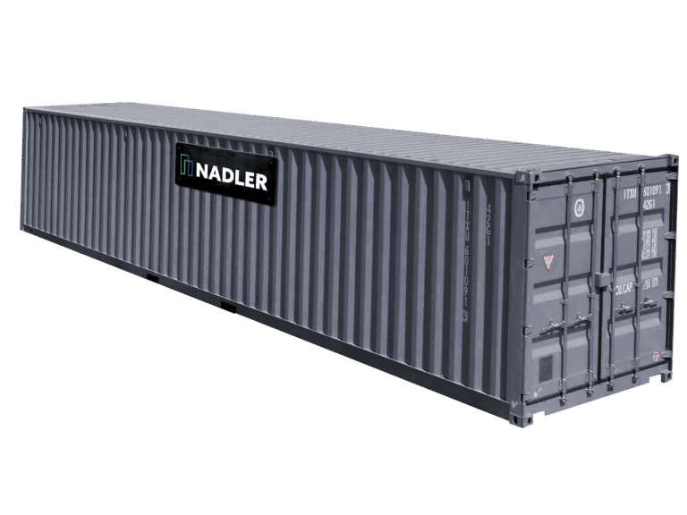 Gray 40-foot steel shipping container with the Nadler logo