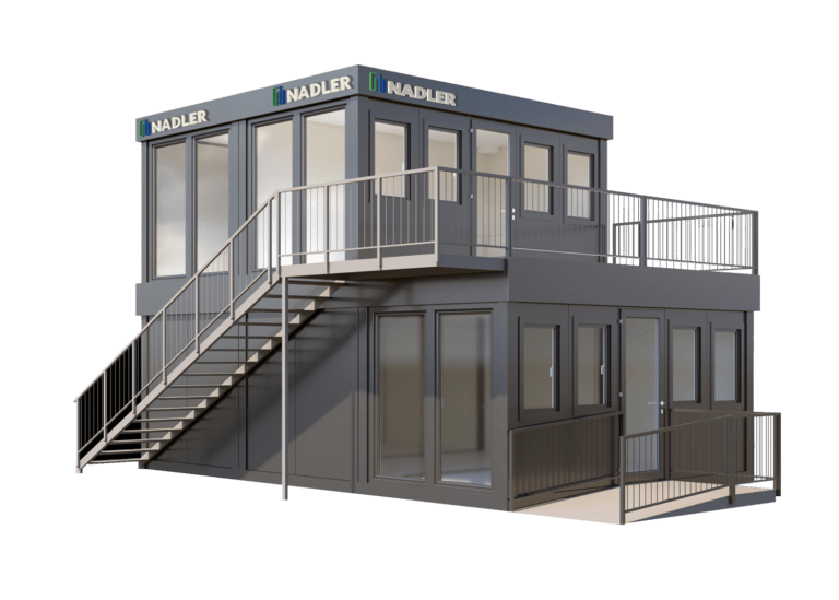 Two-story Nadler panelized modular building with glass walls, exterior stairs and a balcony