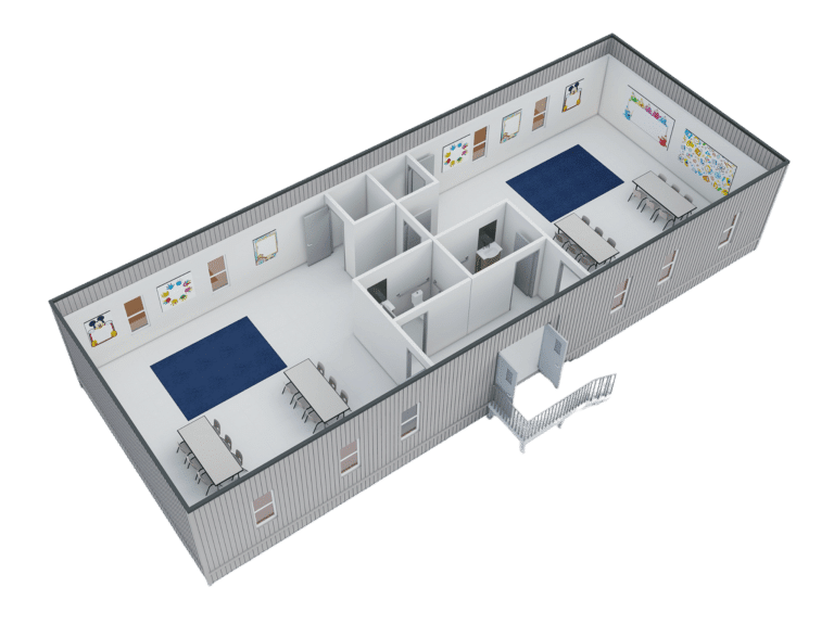 3D cutaway of a Nadler portable classroom with student tables, wall displays, a restroom and an entry ramp