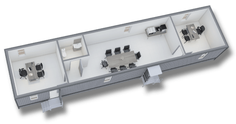 3D floor plan of a Nadler modular office with two private offices, an eight-seat conference room, kitchenette and restroom