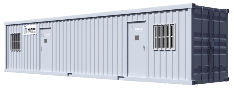 Nadler ground-level container office, 40 feet, with two entry doors and security-barred windows