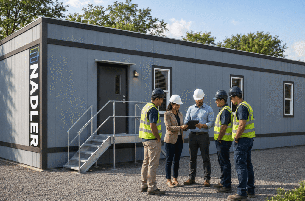 Modular office building with Nadler branding, entrance steps and a site team in hard hats reviewing plans outside