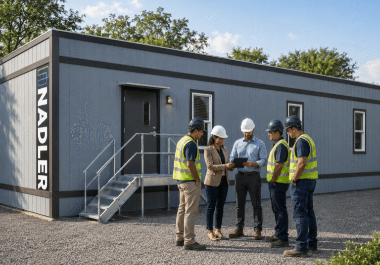 Federal project team outside a secure Nadler-style modular facility during site coordination.