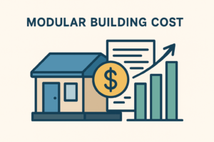 Illustration of modular building cost with small modular structure, dollar symbol, document, and rising bar graph